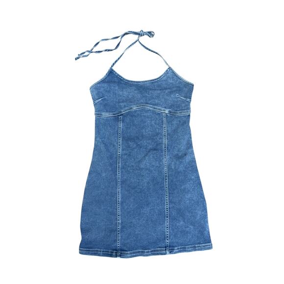 American Eagle Aerie Denim Halter Stretch Mini Dress Seam Detail Blue Medium - Picture 1 of 5